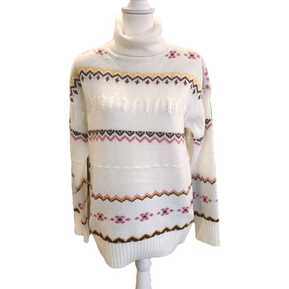 Wonderly Fair Isle Turtleneck Sweater Womens Medium Cream Pink Casual Winter NWT